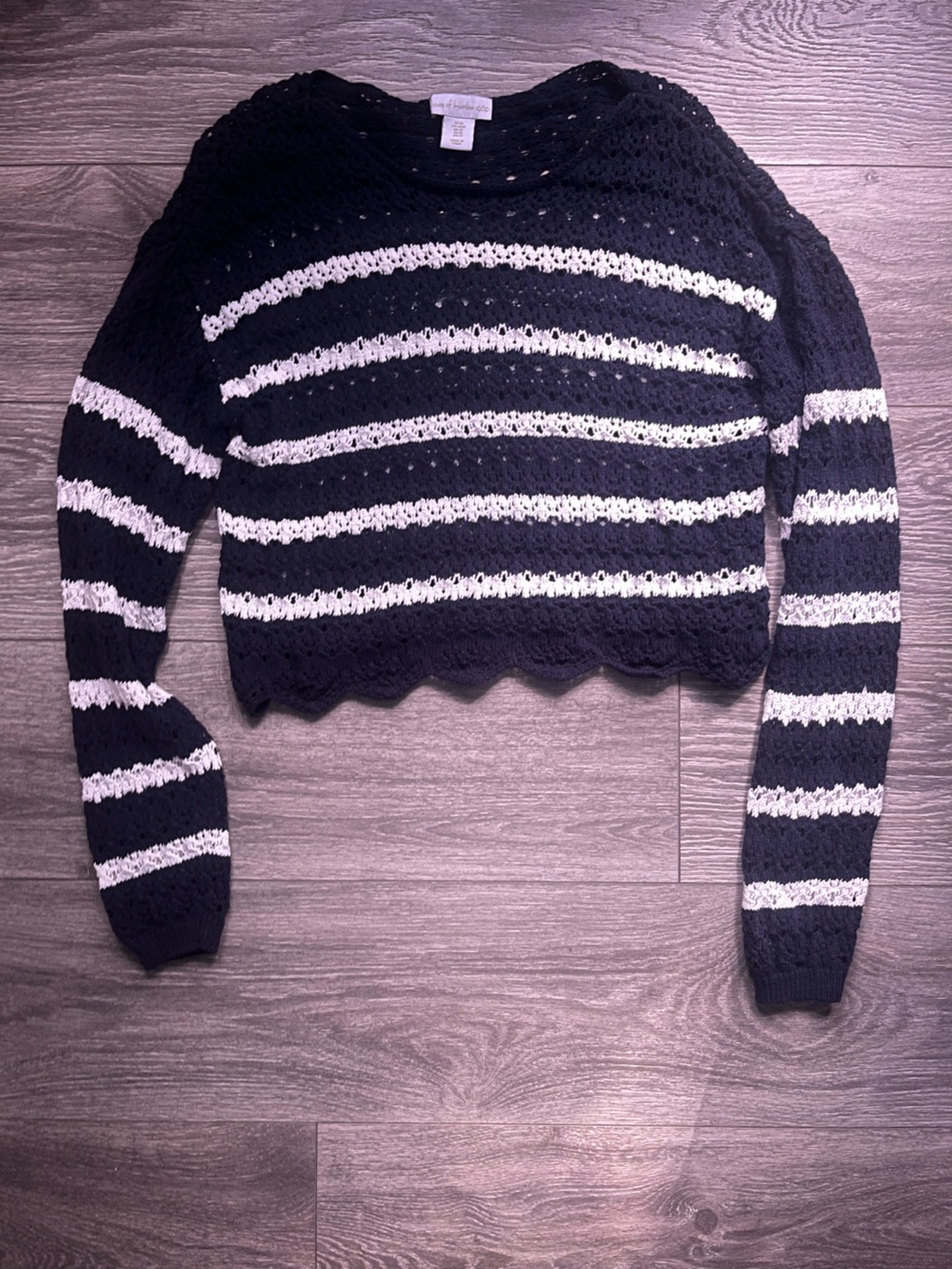 House of Harlow 1960 Navy White Striped Open Knit Scalloped Hem Cotton Sweater M